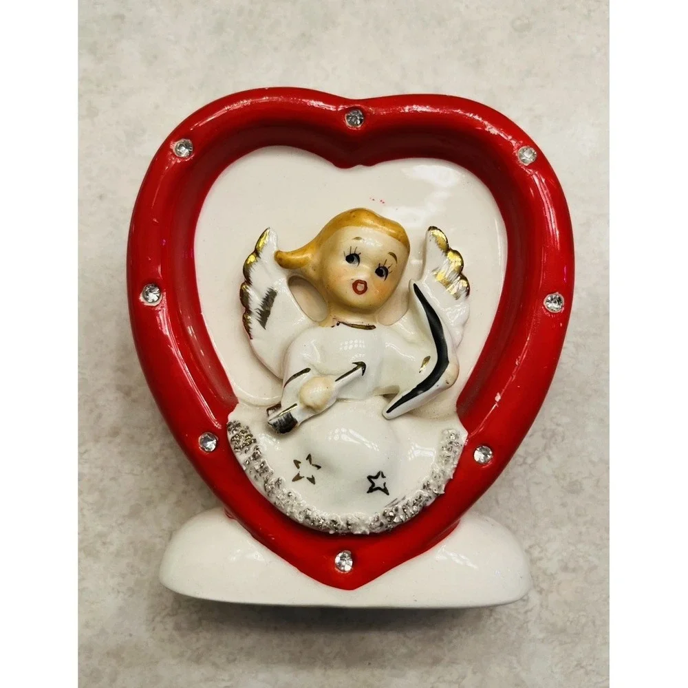 Vintage Dickson Valentine Heart Angel Planter Japan Spaghetti Trim Rhinestone
